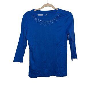 Studio Works Womens Blue Rhinestone Embellished 3/4 Sleeve Medium Shirt